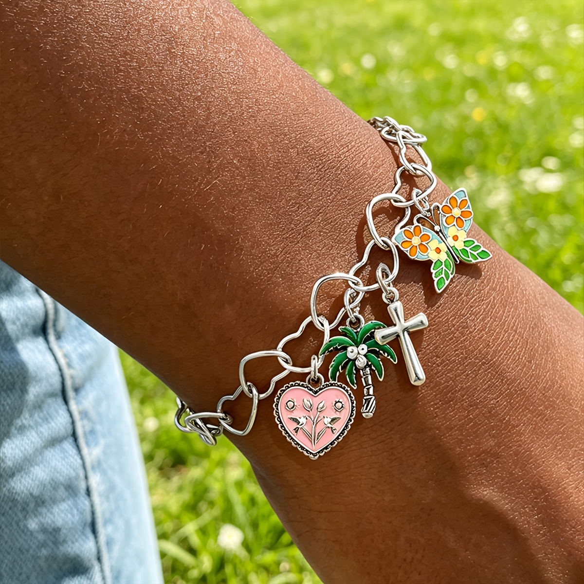 DIY Vintage Hollow Heart-Shaped Bracelet, 925 Silver Plated
